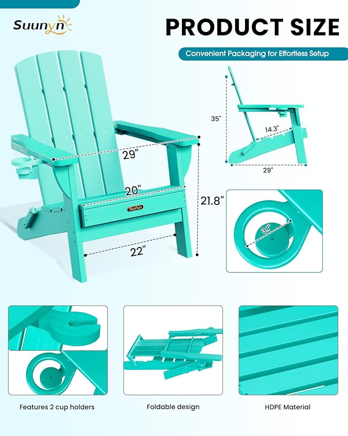 Folding Adirondack Chair 2 Pack, HDPE All-Weather Fire Pit Chairs, Plastic Adirondack Chairs with 2 Cup Holder - Photo 2