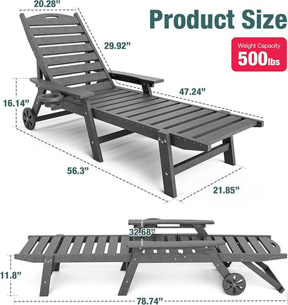 Pamapic 1 PC 500 LBS Lounge Chair, Wide Armrest Oversized Chaise Lounge Chair with Wheel, All Weather HDPE 4 Positions Chaise Lounge with Cup Holder, Outdoor Lounge Chairs for Poolsdie, Patio, Grey