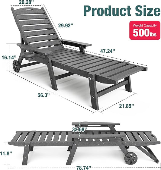 Pamapic 1 PC 500 LBS Lounge Chair, Wide Armrest Oversized Chaise Lounge Chair with Wheel, All Weather HDPE 4 Positions Chaise Lounge with Cup Holder, Outdoor Lounge Chairs for Poolsdie, Patio, Grey