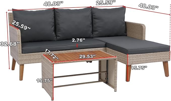 Quarte 3 Piece Outdoor Patio Wicker Sectional Sofa,L-Shaped Seating Group Conversation Sets with Acacia Wood Table for Porch Lawn Garden Backyard Poolside