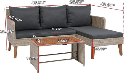 Quarte 3 Piece Outdoor Patio Wicker Sectional Sofa,L-Shaped Seating Group Conversation Sets with Acacia Wood Table for Porch Lawn Garden Backyard Poolside