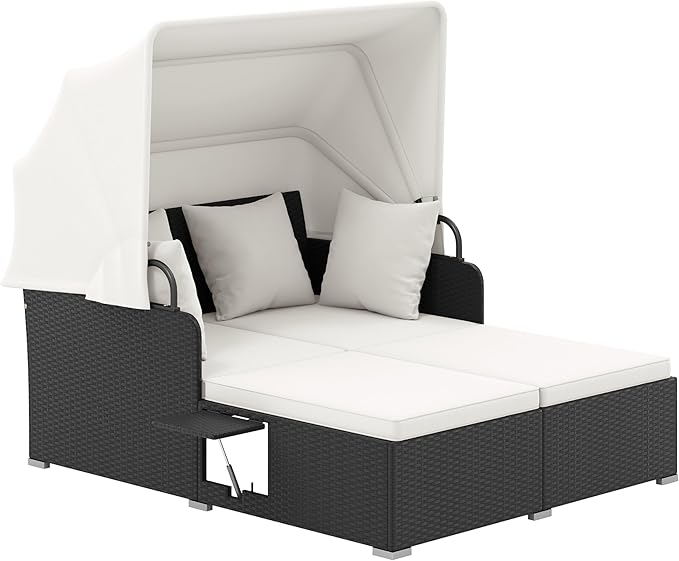 Tangkula Patio Rattan Daybed with Retractable Canopy, Outdoor Wicker Sunbed Lounger with 2 Foldable Side Tables - Photo 1
