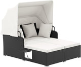 Tangkula Patio Rattan Daybed with Retractable Canopy, Outdoor Wicker Sunbed Lounger with 2 Foldable Side Tables - Photo 1