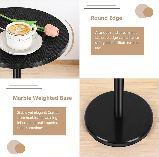 Black Drink Table Small Round Pedestal Side Table with Marble Base Modern Cocktail Table for Patio Sofa Couch Chair - Photo 4
