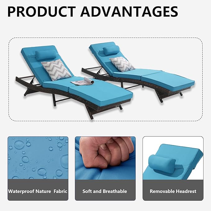 Outdoor Lounge Chairs Set of 2,Wicker Chaise Lounge Chair Pool Chaise Lounge,Patio Lounge Chair with Adjustable Backrest Arm Cushion for Poolside