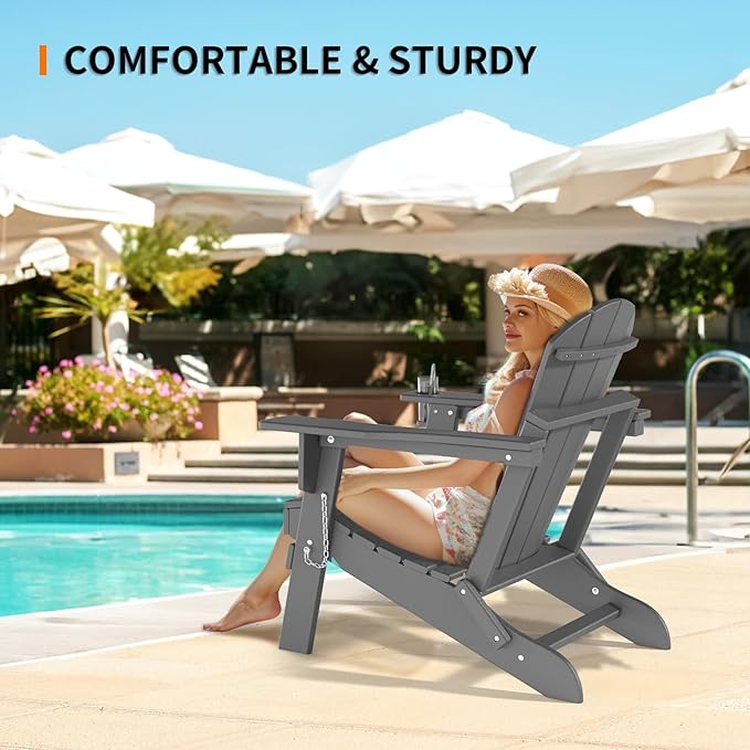 VINGLI Plastic Adirondack Chairs, Folding with Cup Holder, Waterproof HDPE Material - Photo 5