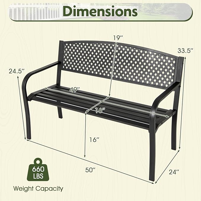 Giantex Metal Outdoor Bench with Mesh Pattern Backrest, Curved Armrests, Load 660Lbs, Slatted Seat for 2-3 Persons, Heavy-Duty Garden Bench for Patio, Backyard, Poolside, Porch, Park (50"×24"×33.5")