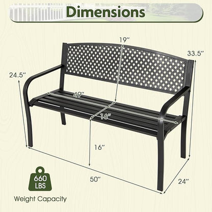 Giantex Metal Outdoor Bench with Mesh Pattern Backrest, Curved Armrests, Load 660Lbs, Slatted Seat for 2-3 Persons, Heavy-Duty Garden Bench for Patio, Backyard, Poolside, Porch, Park (50"×24"×33.5")