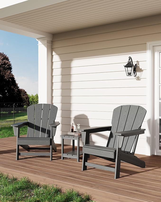 Outdoor Adirondack Chairs, HDPE Plastic Patio Chairs for All Weather, Weather-Resistant Fire Pit Chair with Wide Armrests & Slatted Back, Heavy-Duty Outdoor Seating for Patio, Deck, Lawn, Grey