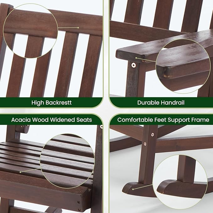 Wooden Outdoor Rocking Chairs, Porch Rocker for Patio,Deck,Garden, Indoor Outdoor Use, Suitable for Kids, Acacia Wood, Dark Brown