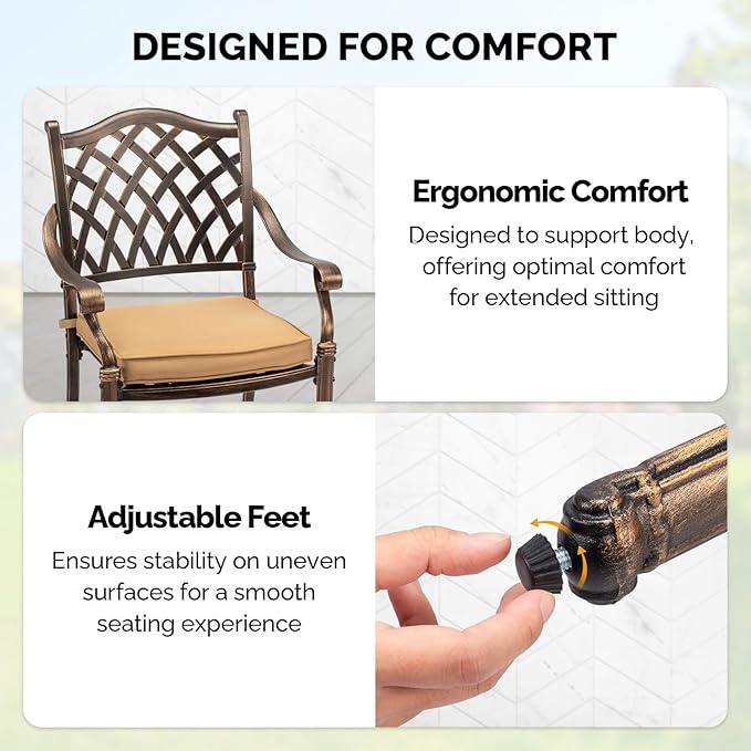 VINGLI Patio Chairs Set of 4- Stackable Outdoor Cast Aluminum Dining Chairs with Vintage Bronze Finish and Diamond Pattern, Metal Armchairs for Poolside, Backyard, Balcony (with Cushion)