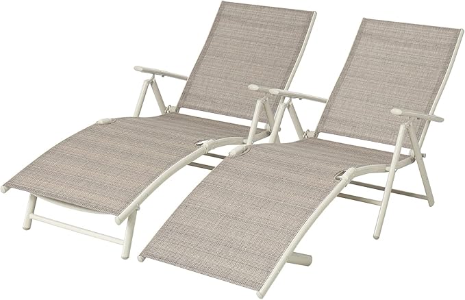 Devoko Lounge Chairs for Outside Patio Chaise Lounge Outdoor Poolside Adjustable Recliner Folding Lounge Chairs Set of 2 for Garden Beach (Beige)