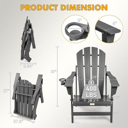 Folding Adirondack Chairs Set of 2, All Weather Stable Gun-Leg Design Fire Pit Chairs with Cupholder for Outside