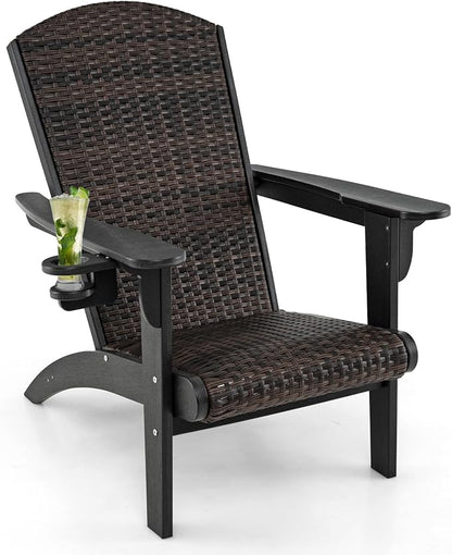 Tangkula Patio Wicker Adirondack Chair, HDPE Lounge Chair w/Rattan Padded Seat & Back, Wide Armrests & Hidden Cupholder, Outdoor All-Weather Adirondack Fire Pit Chair for Backyard, Lawn (1, Black)