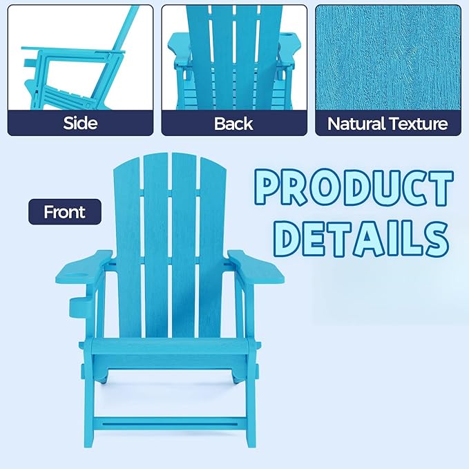 Adirondack Chair, Plastic Patio Chair Cup Holder Without Screws Install, Outdoor Chair 400 LBS Capacity, Weather Resistant for Garden Backyard Lawn Beach (Sky Blue)
