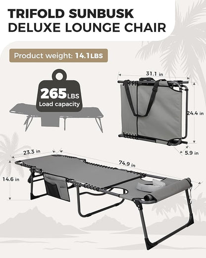 KingCamp Tanning Chair with Face Hole, Lounge Chairs Outdoor Folding Comfy Adjustable 5-Position Lay Flat Foldable Chaise Chaser Lounger for Outside Beach Patio Sun Bathing Pool, Grey