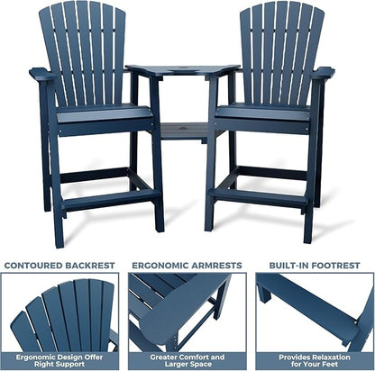 2-Pack High Back Adirondack Bar Stools with Connecting Tray, All-Weather HDPE Recycled Plastic Outdoor Bar Chairs, Umbrella Hole, Built-in Footrest, 350lbs Capacity for Deck/Patio/Backyard, Sea Blue