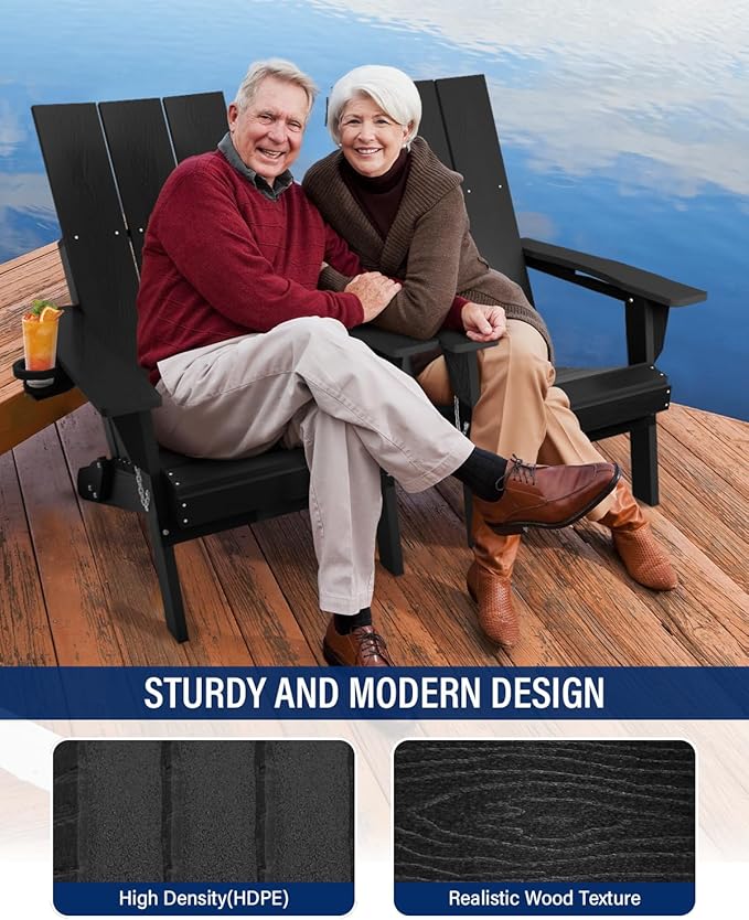 Adirondack Chair with Cup Holder: Folding Adirondack Chairs Plastic HDPE Material Furniture - Modern Composite Fire Pit Chairs Foldable for Outdoor/Backyard/Garden/Lawn/Deck/Porch/Patio