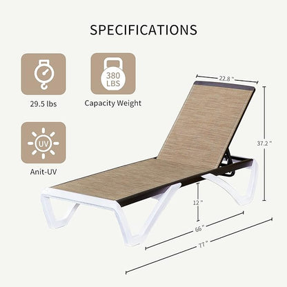 Domi Outdoor Chaise Lounge, Adjustable Aluminum Patio Lounge, Plastic Pool Lounge Chair for Deck Lawn Backyard (1 Brown Chair W/O Table)