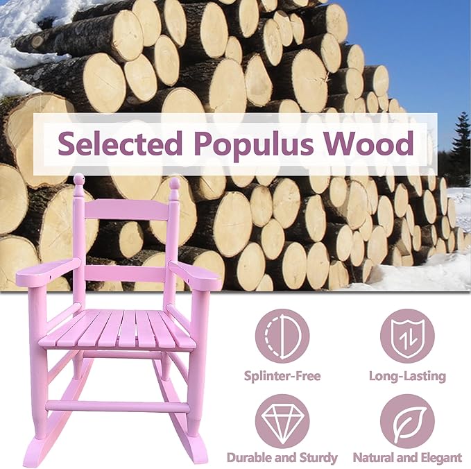 Toddler Rocking Chair for Kids Age 2-5, Hardwood Porch Rocker with Back Support & Armrest for Small Spaces Living Room Outdoor Garden, Easy Assembly (Light Pink)