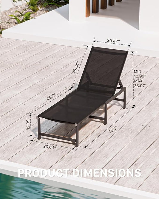 Chaise Lounge Chair Outdoor,Aluminum Patio Lounge Chairs Set of 2, Adjustable 5-Position Recliner and Full Flat Tanning Chair with Pillow for Pool, Outside,Beach,Black