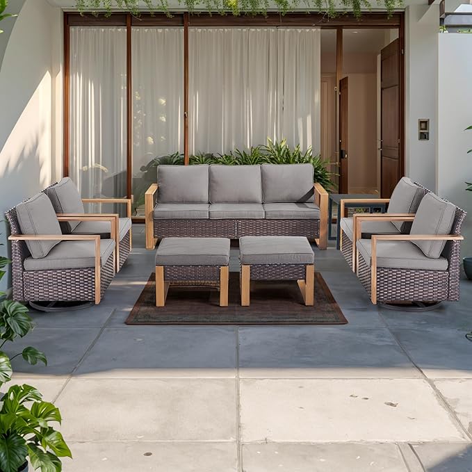 Rilyson Outdoor Wicker Patio Furniture Set - 8 Piece Patio Conversation Set with 4 Wicker Swivel Rocker Chairs,2 Rattan Ottoman 1 Side Table and 1 Couch,Thick Cushions,Deep Seating(Brown/Grey)