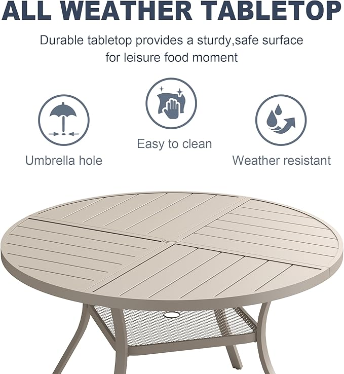 VICLLAX 47.2" Round Patio Dining Table for 4-6, All Weather Metal Outdoor Table with 1.57" Umbrella Hole and Storage Shelf for Garden Lawn Deck, Sandshell