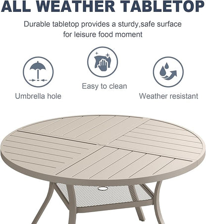 VICLLAX 47.2" Round Patio Dining Table for 4-6, All Weather Metal Outdoor Table with 1.57" Umbrella Hole and Storage Shelf for Garden Lawn Deck, Sandshell