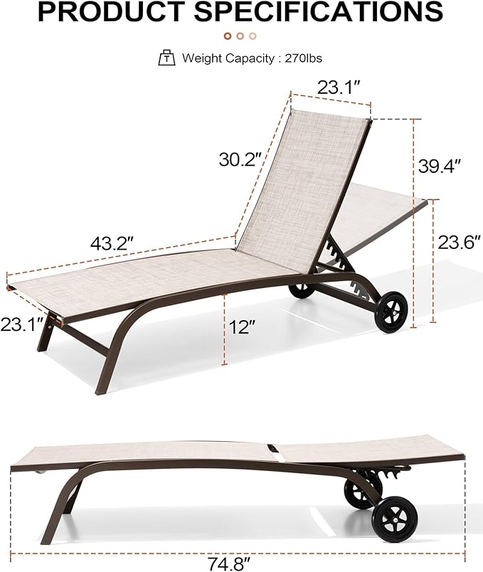Crestlive Products Aluminum Chaise Lounge Chairs with Wheels Outdoor Adjustable Recliner Five-Position and Full Flat - Photo 3