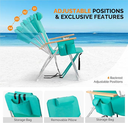 VINGLI 17" Tall Beach Chairs for Adults,Aluminum 4-Position Backpack Beach Chair with Wooden Armrests,Folding Lawn Chair for Outdoor, Camping, Patio