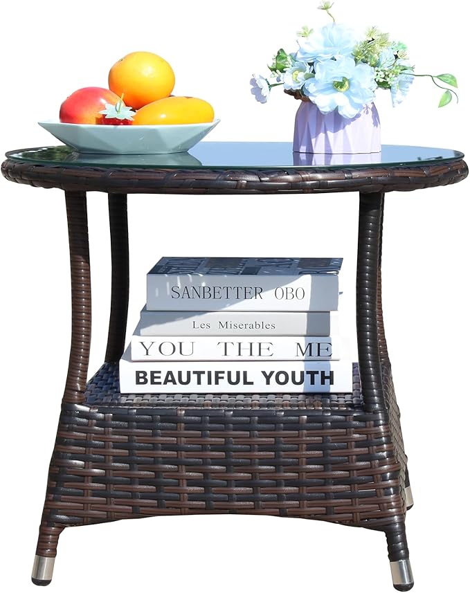 Round Outdoor PE Wicker Side Table with Storage, Patio Rattan End Table Round Glass Top Table for Furniture Gardening Tools