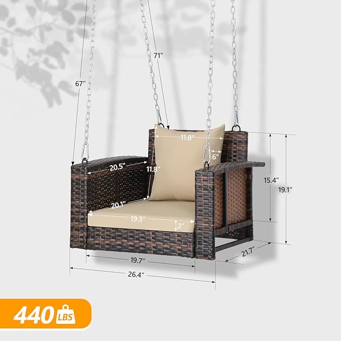 2 FT Wicker Porch Swing, Square Single Person Outdoor Hanging Swing Bench. Handwoven with Weatherproof PE Rattan - Photo 2