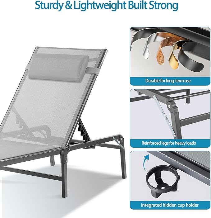 Foldable Outdoor Lounge Chairs Set of 2, No Assembly Chaise Lounge Outdoor with Cup Holder and 6 Adjustable Positions - Photo 6