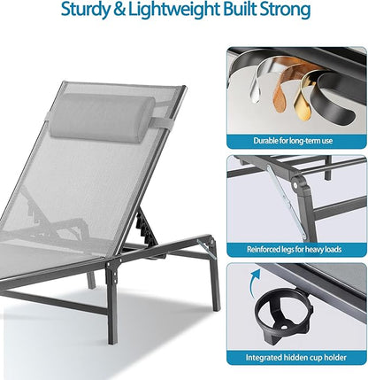 Foldable Outdoor Lounge Chairs Set of 2, No Assembly Chaise Lounge Outdoor with Cup Holder and 6 Adjustable Positions, Patio Lounge Chair with Detachable Pillow for Outside Poolside Beach Pool, Grey