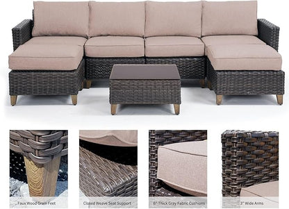 Grand patio Sofa Sets Outdoor Furniture Sets, Wicker Patio Furniture 7-Piece Sectional Sofa with Thick Olefin Cushions for Yard Garden Porch for Six (Beige Sofa Set for Six, 7 PCS)