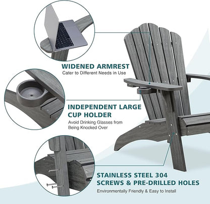 Psilvam Oversized Adirondack Chair, Fade-Resistant & Odor-Free Poly Lumber Fire Pit Chairs with Cup Holder, Weatherproof Outdoor Chair, Easy 15 Min Install Patio Chair, 350 Lbs Support (2, Gray)