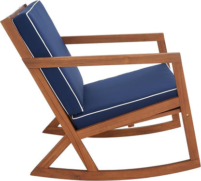 SAFAVIEH Outdoor Collection Vernon Natural/Navy Cushion with White Piping Rocking Chair