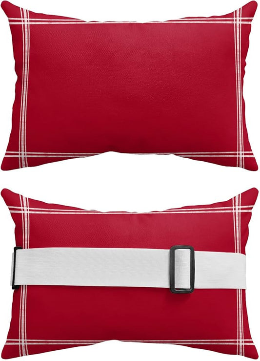 T&H XHome Outdoor Pillow for Chaise Lounge Chair, Solid Color Red Waterproof Headrest Pillow Lumbar Pillows with Insert & Adjustable Elastic Strap for Beach, Poolside, Patio, Office (2 Pack)