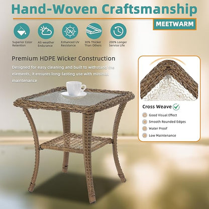 MEETWARM Wicker Outdoor Side Table, All-Weather Patio Rattan Side Table with Tempered Glass Top and Storage Shelf, Small Patio End Table for Outside Indoor Poolside Deck Garden, Brown