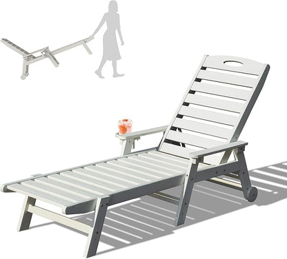 Domi Outdoor Chaise Lounge Chair, HDPE All-Weather Pool Lounger with 5-Position Adjustable Reclining Backrest & Rolling Wheels for Poolside Sunbathing Tanning, White