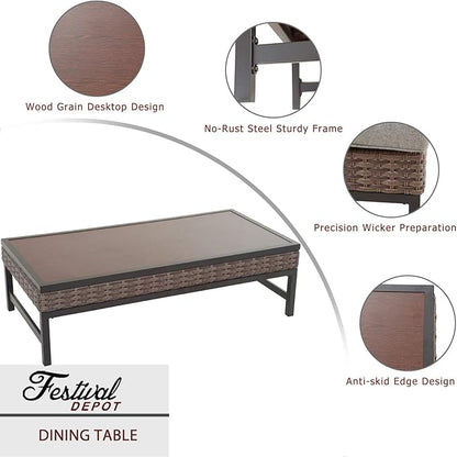 Festival Depot Patio Table Rattan Woven Wicker Coffee Table with Aluminum Tabletop All Weather Outdoor Furniture for Backyard Porch Garden (H Shaped Leg),Brown