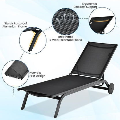 COSTWAY 2 PCS Outdoor Patio Chaise Lounge, 6-Position Adjustable Pool Lounger with Stable Aluminum Frame, Portable Sun Bathing Lounge Chair on Wheels for Backyard Garden, Black