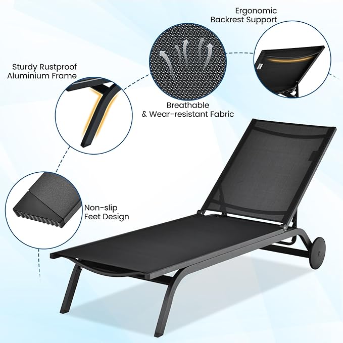 COSTWAY Outdoor Patio Chaise Lounge, 6-Position Adjustable Pool Lounger with Stable Aluminum Frame, Portable Sun Bathing Lounge Chair on Wheels for Backyard Garden, Black