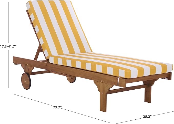 SAFAVIEH Outdoor Patio Furniture Collection - Newport Natural Solid Wood Chaise Lounge Chair with Yellow Stripe Cushion, Adjustable Backrest (PAT7316Y)