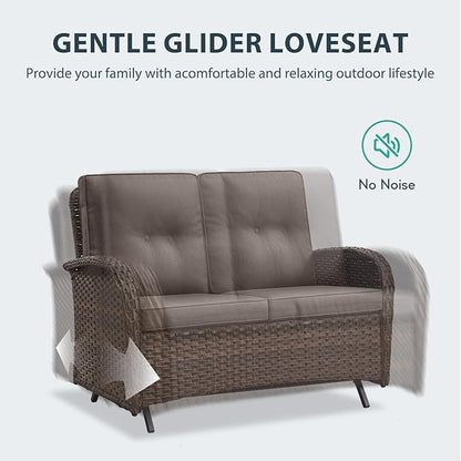 Patio Rocking Chair - 6 Peices Outdoor Wicker Rocker Porch Chair Set with A Rocking Loveseat, Tempered Glass Side Table, and 2 Ottoman, Rattan Seating for Balcony Garden Brown/Grey