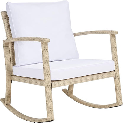 SAFAVIEH Outdoor Collection Daire Woven Beige/White Cushion Rocking Chair for Patio Porch Backyard Sunroom