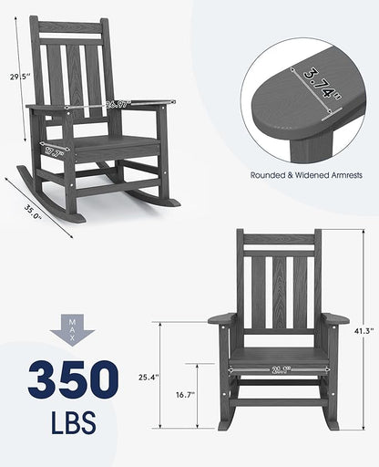 KINGYES Oversized Outdoor Rocking Chair, All-Weather Patio Rocking Chairs for Porch, HDPE Outdoor Patio Rockers with High Back & Wide Seat for Garden, Lawn, Gray