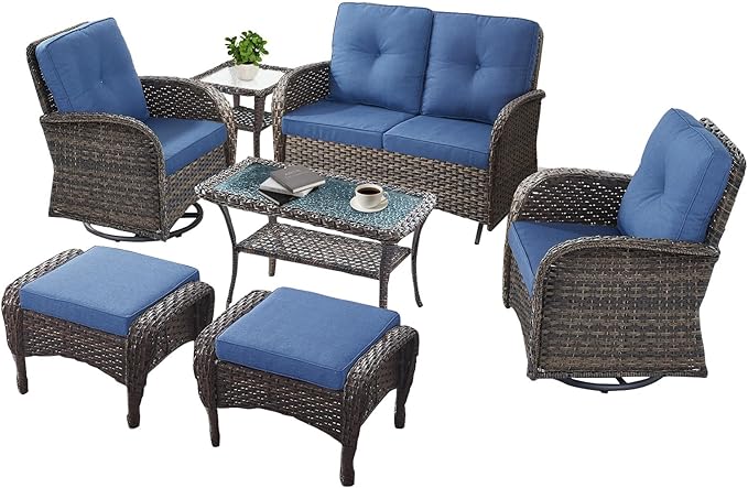 7 Pieces Patio Furniture-Patio Swivel Chairs Set of 2 Outdoor Glider Bench Rocking Chair with Patio Ottomans Patio Conversation Sets for Deck Porch Garden Balcony Poolside-Brown/Blue