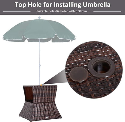 Outsunny Outdoor Side Table with Umbrella Hole, 2 Tier Rattan Wicker End Table with Storage Shelf, All Weather for Outdoor, Patio, Garden, Backyard, Mixed Brown