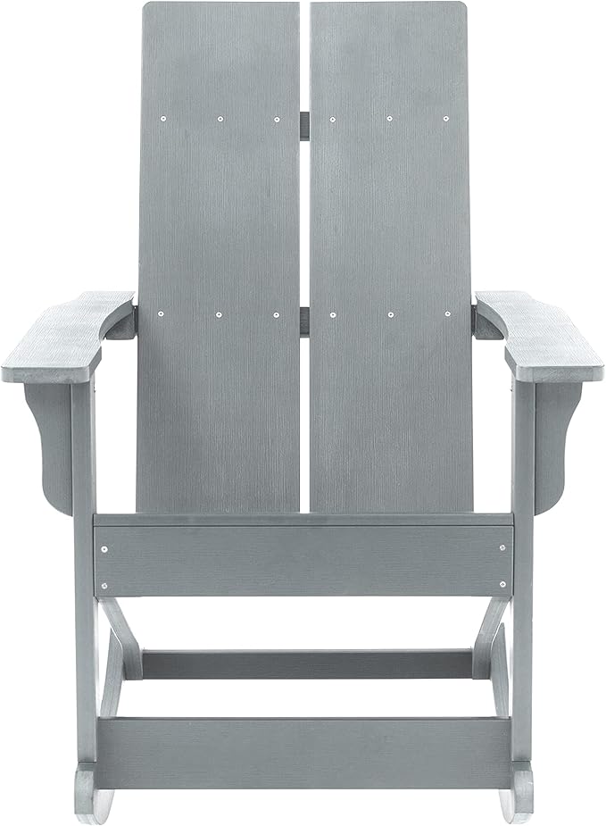 Flash Furniture Finn Modern Commercial Grade Poly Resin Wood Adirondack Rocking Chair - All Weather Gray Polystyrene - Dual Slat Back - Stainless Steel Hardware